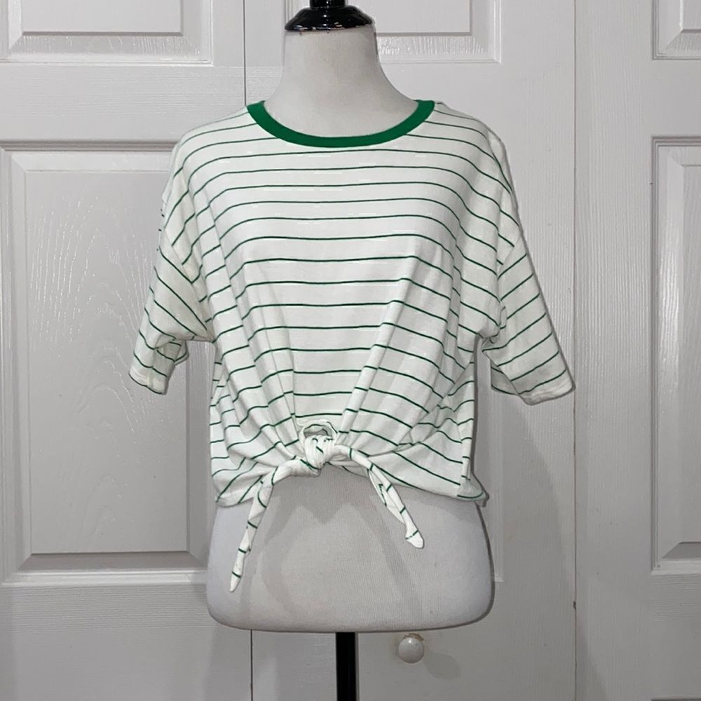 Forever 21 Green White Striped Cropped Tie Front T-Shirt